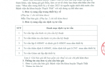 Thư mời chào giá dịch vụ và cung cấp trang thiết y tế số 291